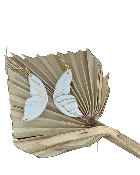Butterfly Wings Porcelain Earrings with Gold Finish White Earrings Wolf and Clay