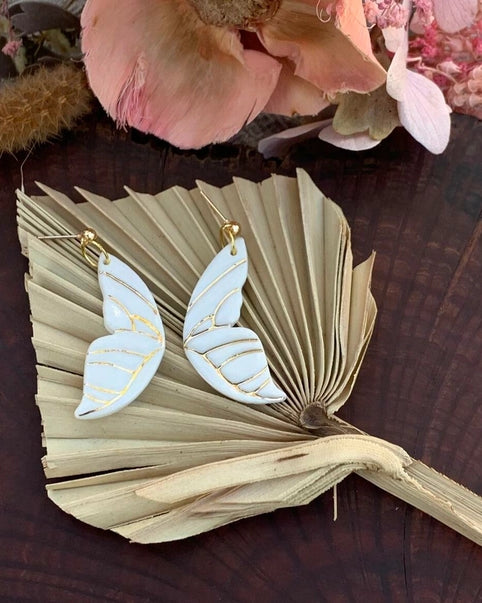 Butterfly Wings Porcelain Earrings with Gold Finish White Earrings Wolf and Clay