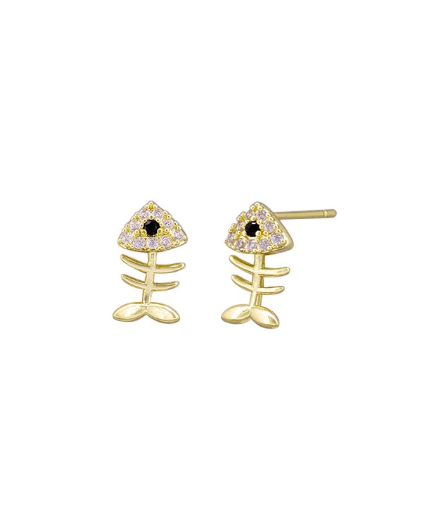 Gold Crystal Fish Bone Studs Earrings Tiger Tree
