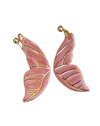 Butterfly Wings Porcelain Earrings with Gold Finish Pink Earrings Wolf and Clay