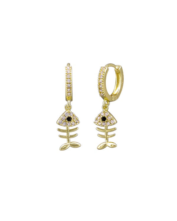 Gold Crystal Fish Bone Huggie Earrings Tiger Tree