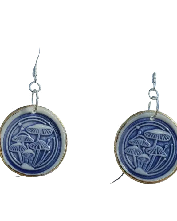 Mushroom Earrings Blue, Sterling Silver hook Earrings Wolf and Clay