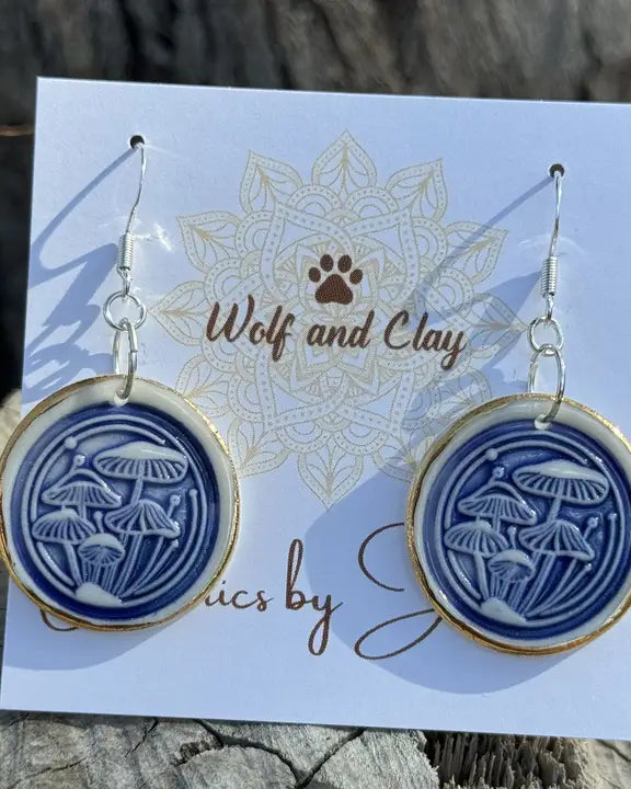 Mushroom Earrings Blue, Sterling Silver hook Earrings Wolf and Clay