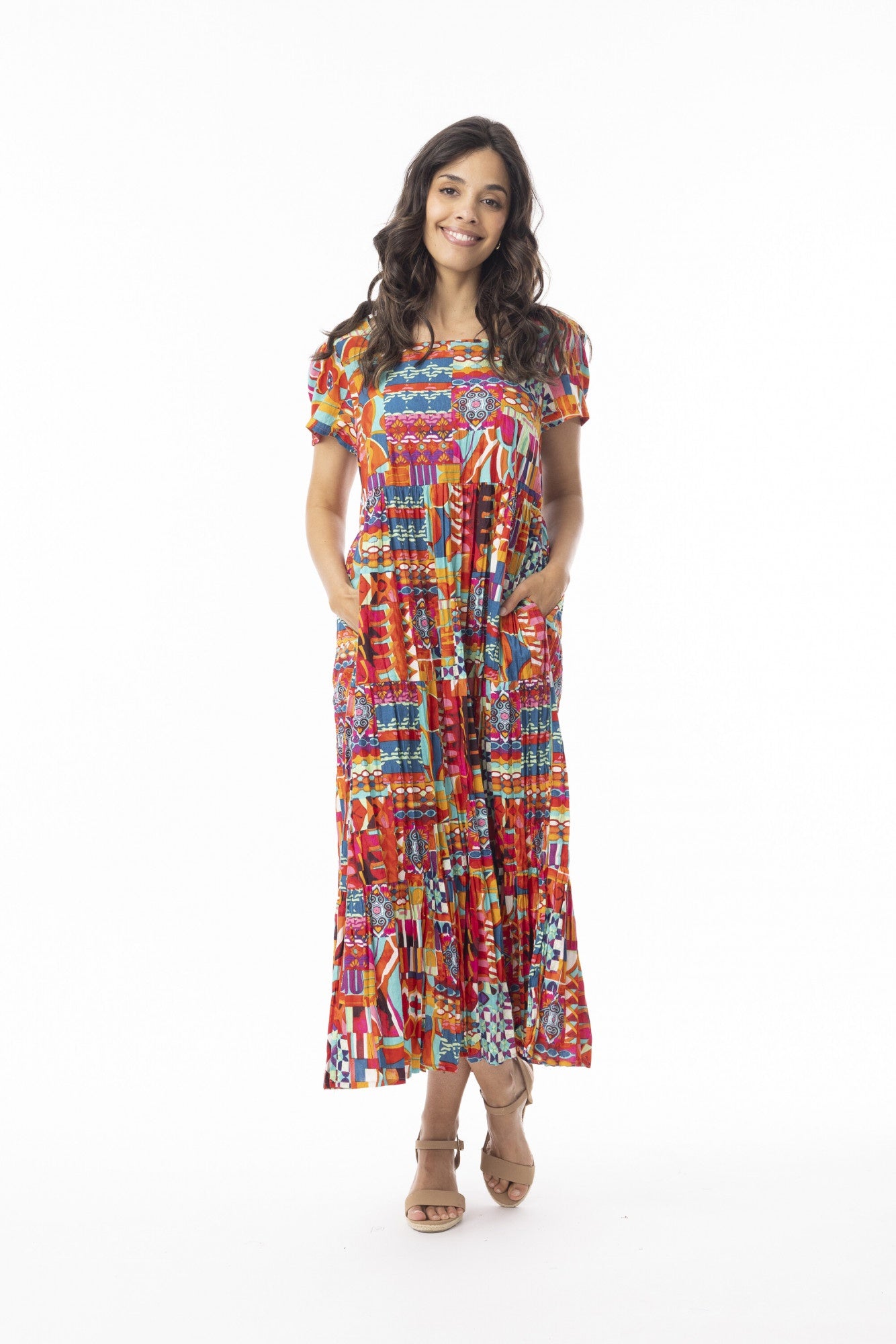 Peru Dress Midi Layers Square Neckline Print Dresses Orientique