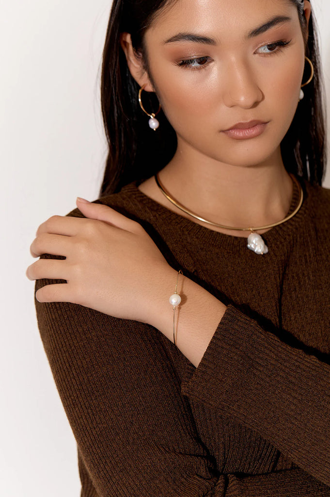 Freshwater Pearl Drop Collar Necklace Gold/Cream - Global Free Style