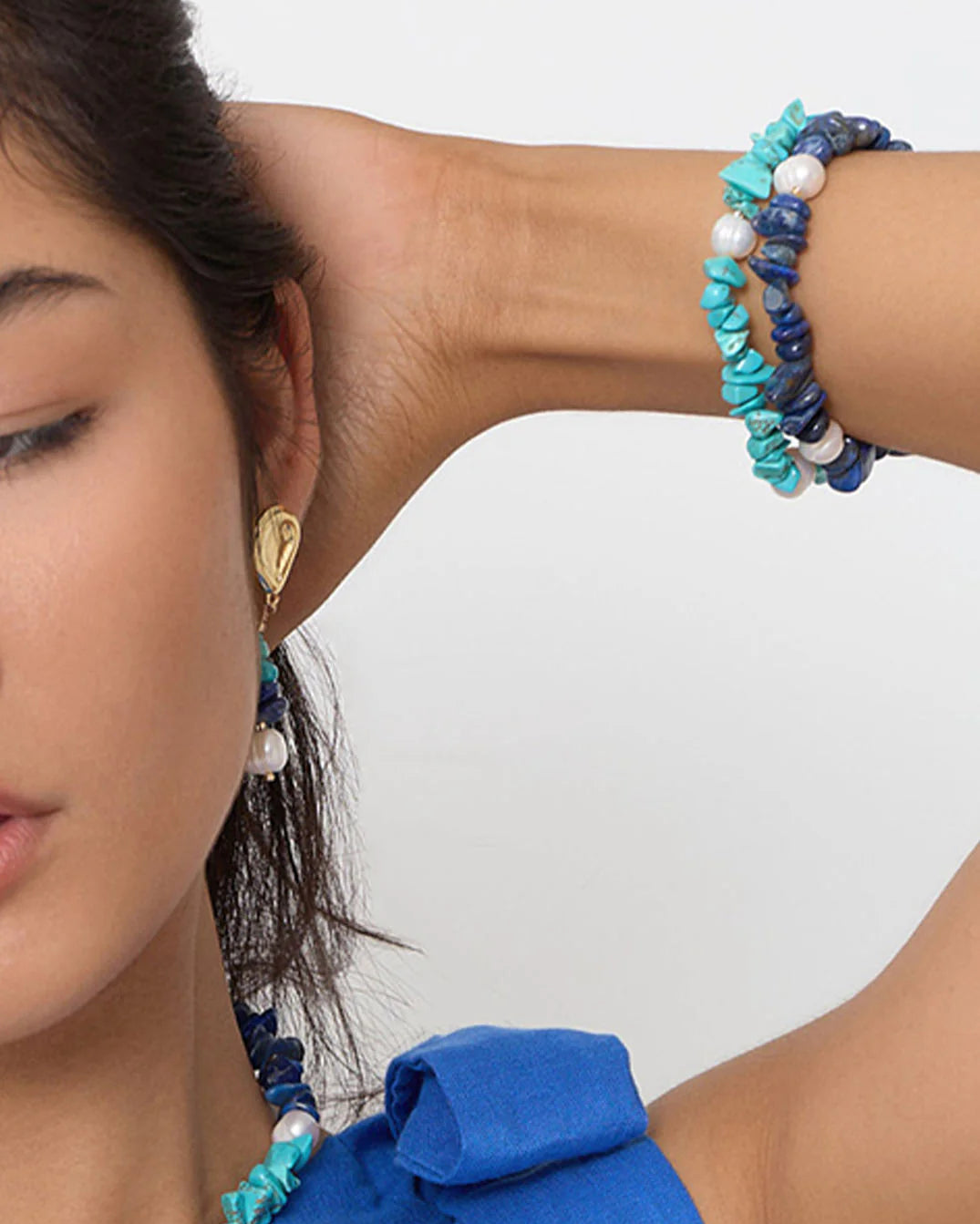 Sun Charm Stone Chip Pearl Stretch Bracelet Turq/Blue Bracelets and Bangles Adorne