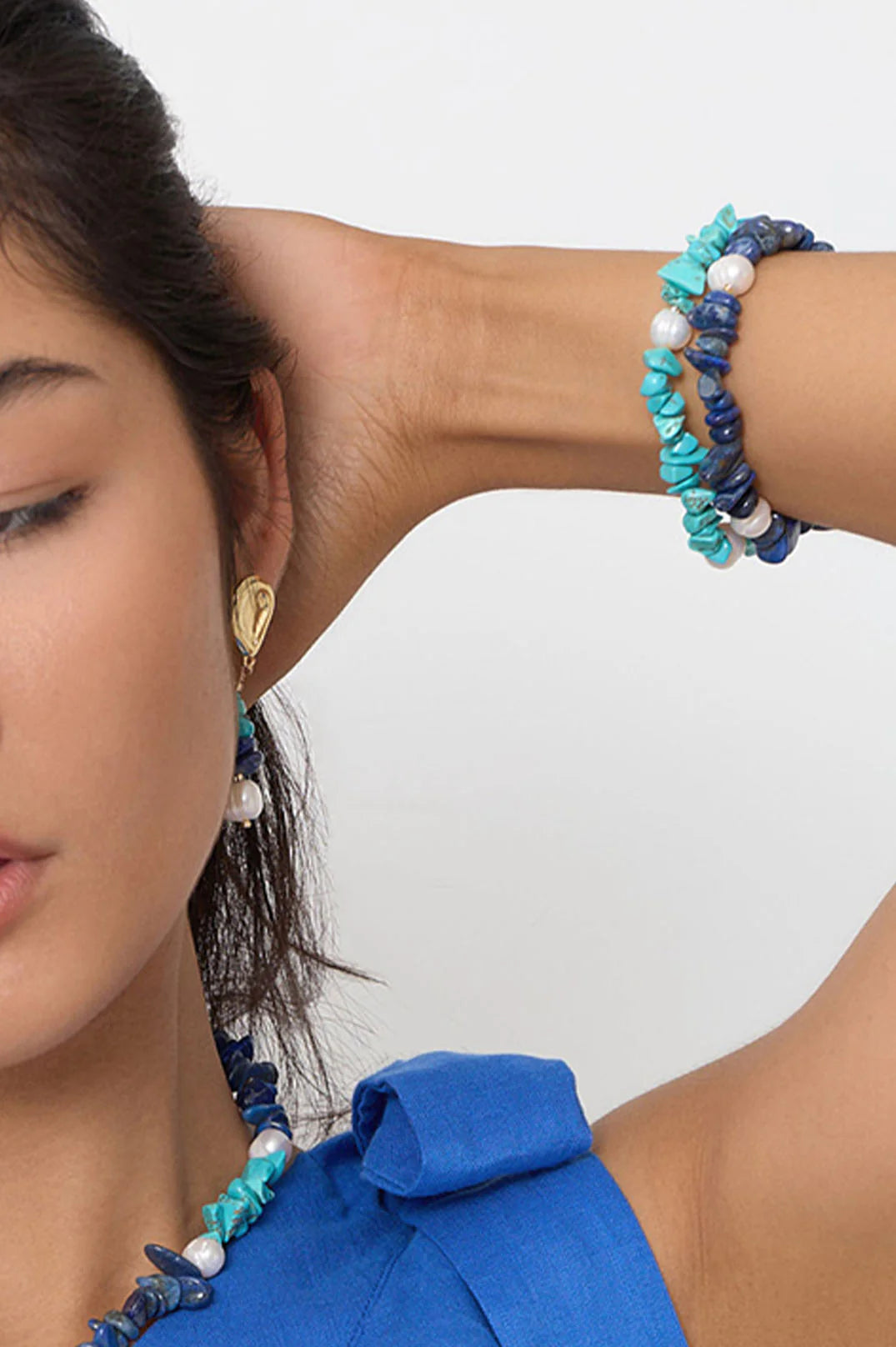 Sun Charm Stone Chip Pearl Stretch Bracelet Turq/Blue Bracelets and Bangles Adorne