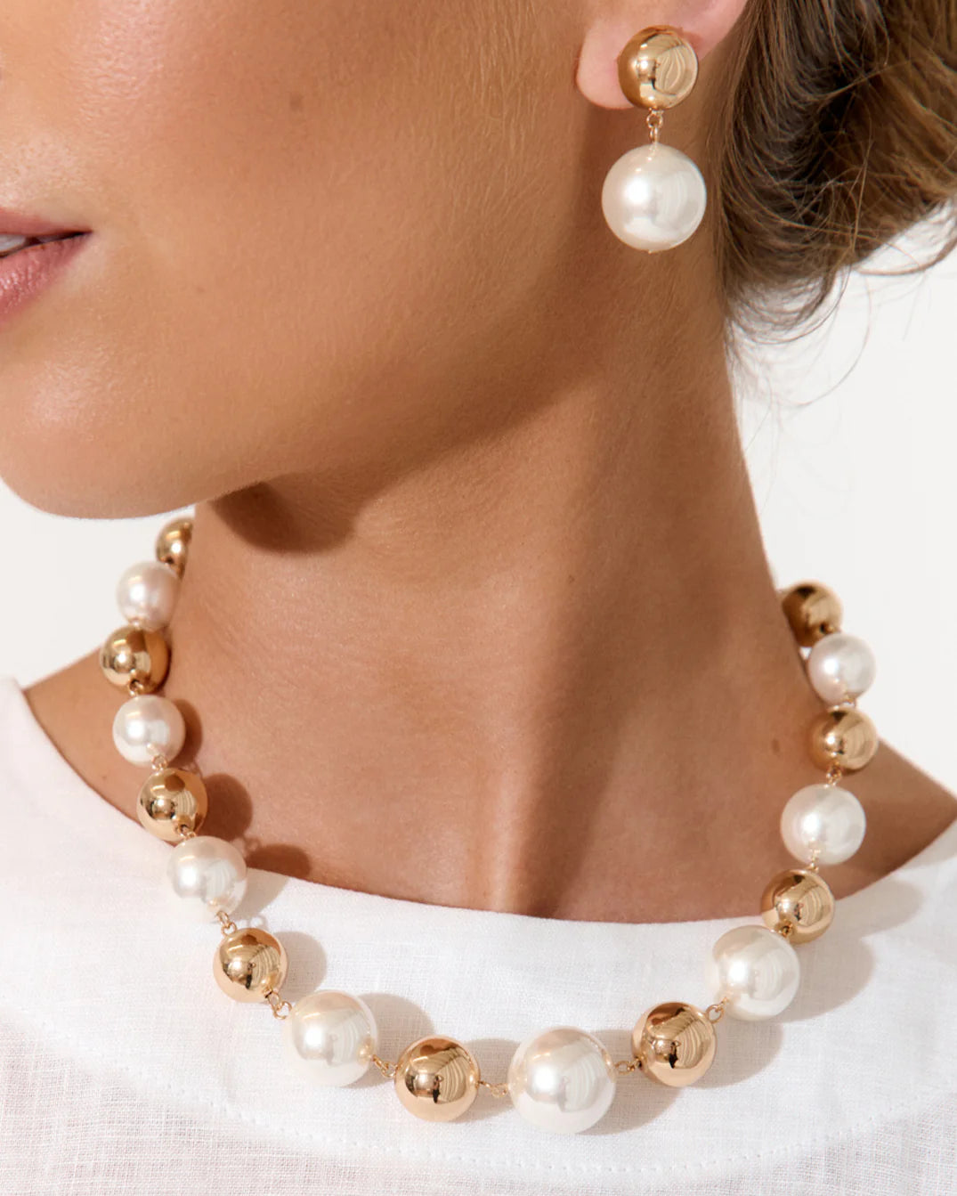 Dome Top Faux Pearl Earrings Cream/Gold - Global Free Style