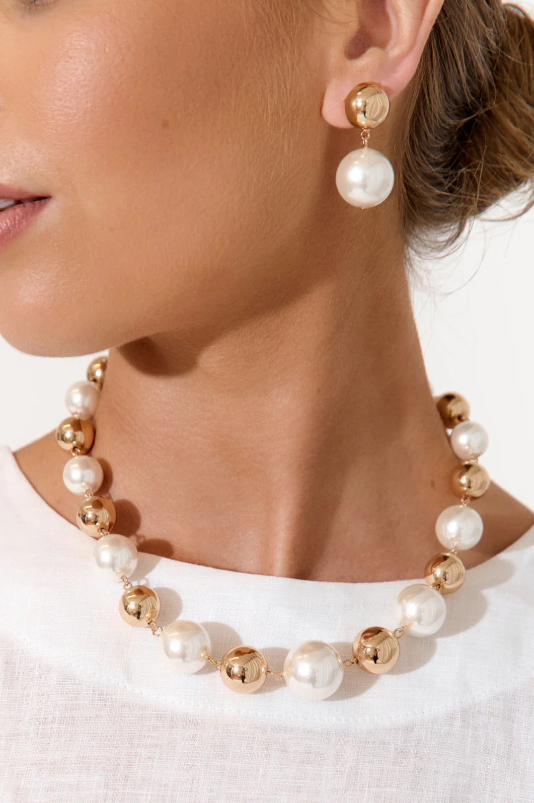 Dome Top Faux Pearl Earrings Cream/Gold - Global Free Style