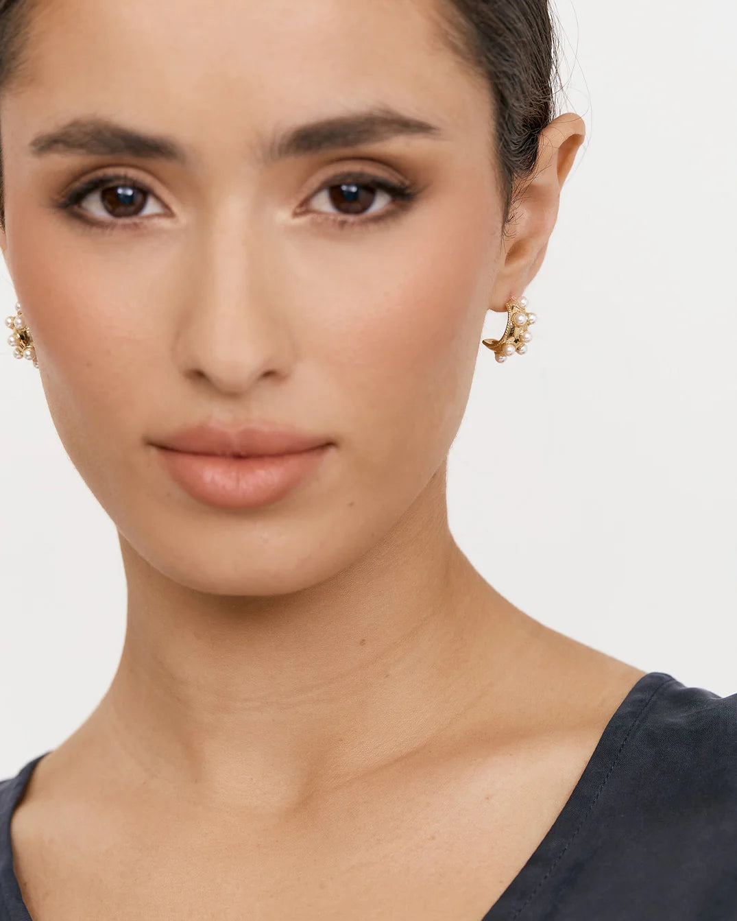 Mini Curved Faux Pearl Metal Hoops Cream/Gold - Global Free Style