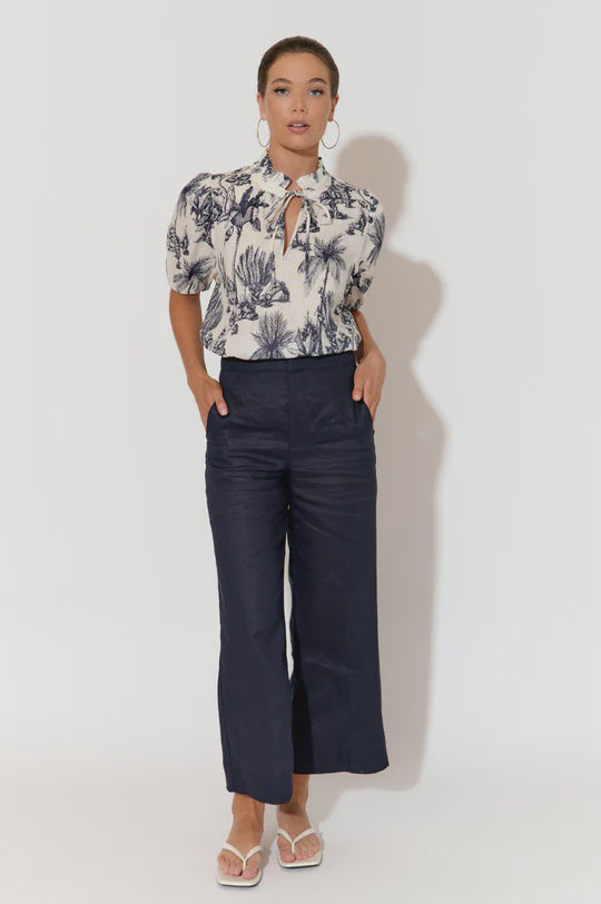 Nisha Cropped Linen Pant Navy Bottoms Adorne 8
