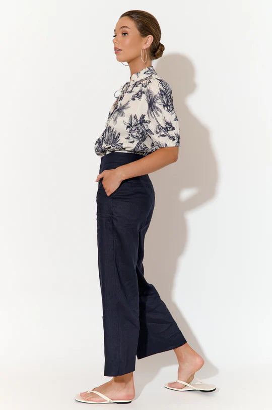 Nisha Cropped Linen Pant Navy Bottoms Adorne