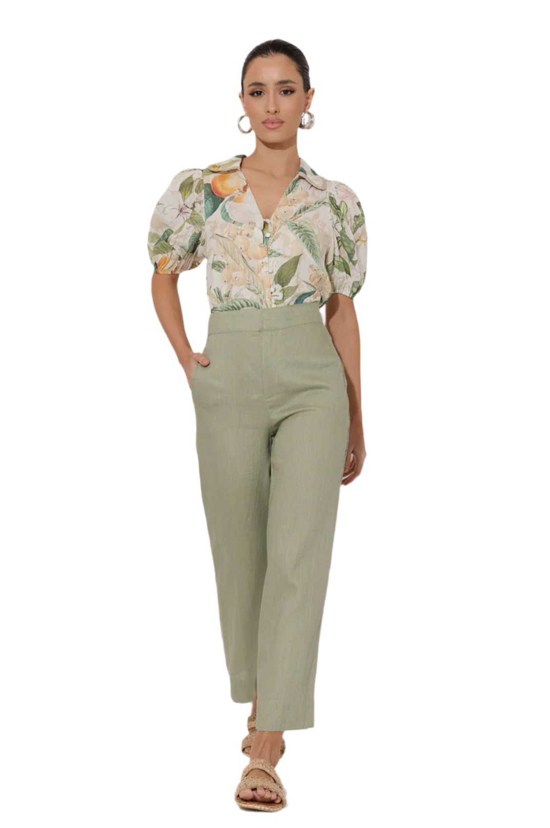 Nisha Cropped Linen Pant Sage Green Bottoms Adorne 8