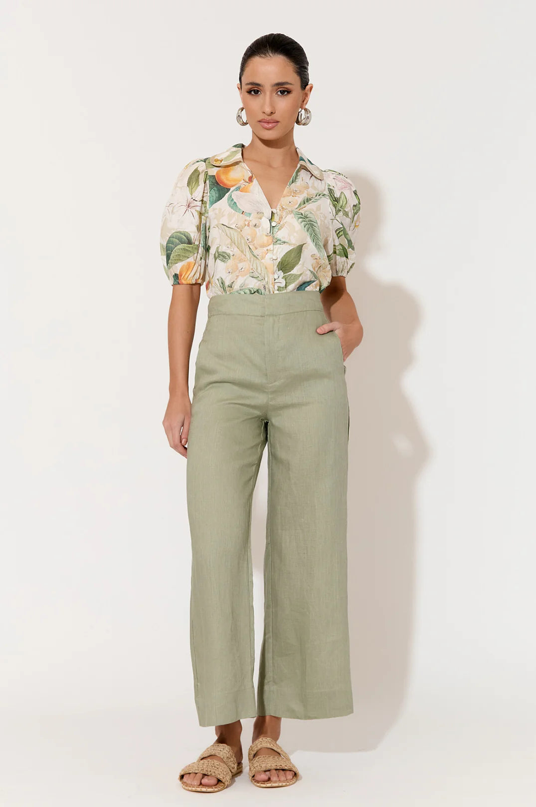 Nisha Cropped Linen Pant Sage Green Bottoms Adorne
