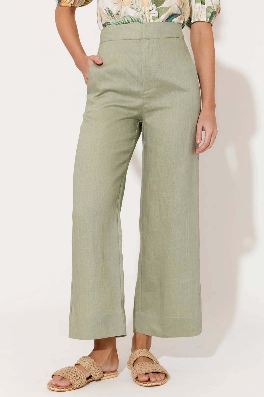 Nisha Cropped Linen Pant Sage Green Bottoms Adorne