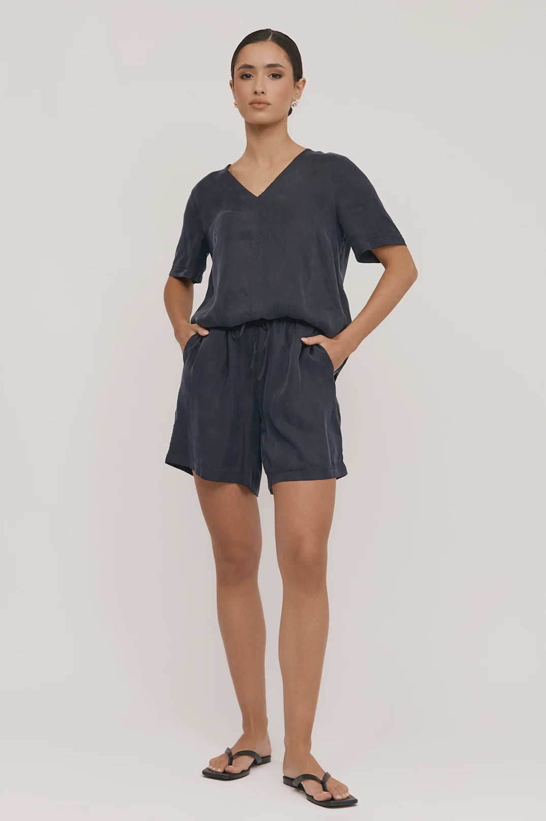 April Cupro Drawstring Short Navy Bottoms Adorne 8