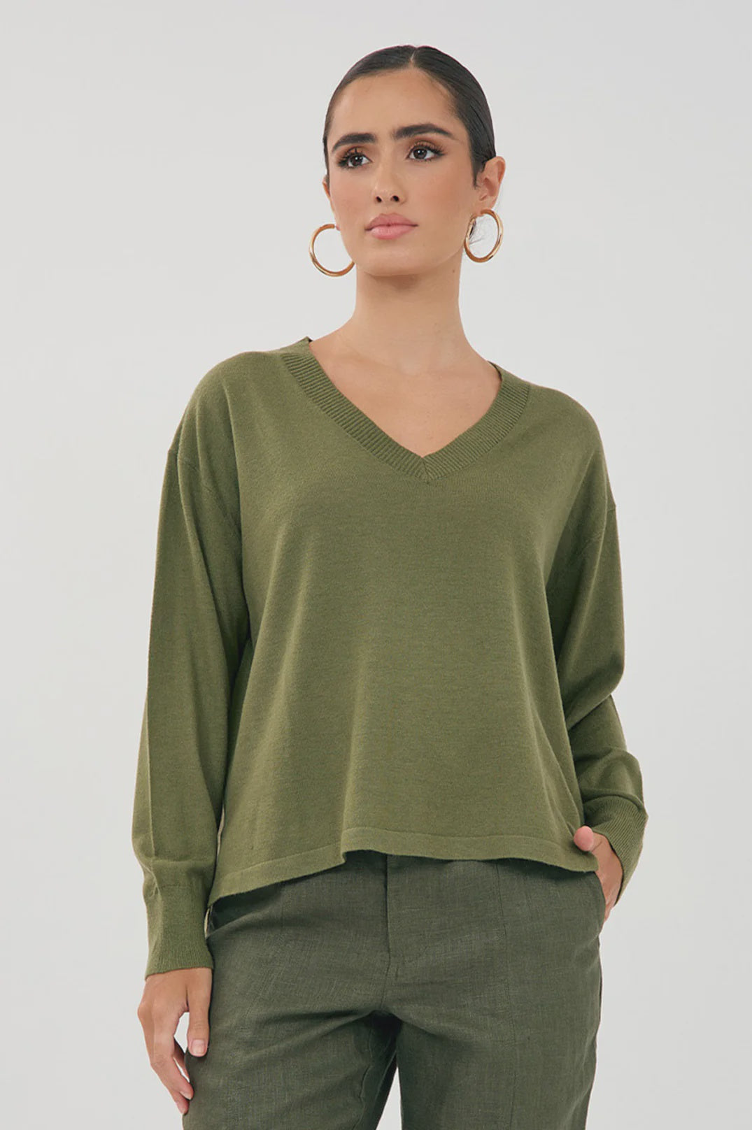 Laney Long Sleeve V Neck Light Weight Knit Top Khaki Tops Adorne S(8)