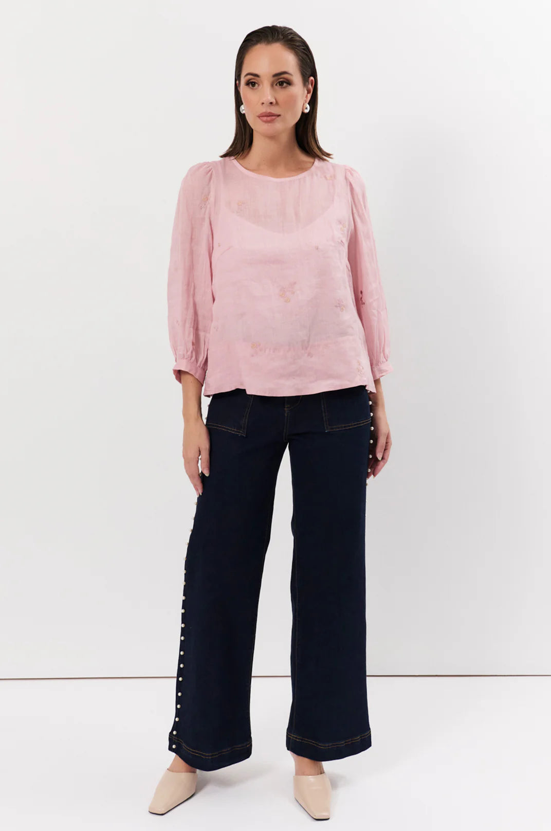 Hannah Embroidered Ramie Top Pink Tops Adorne