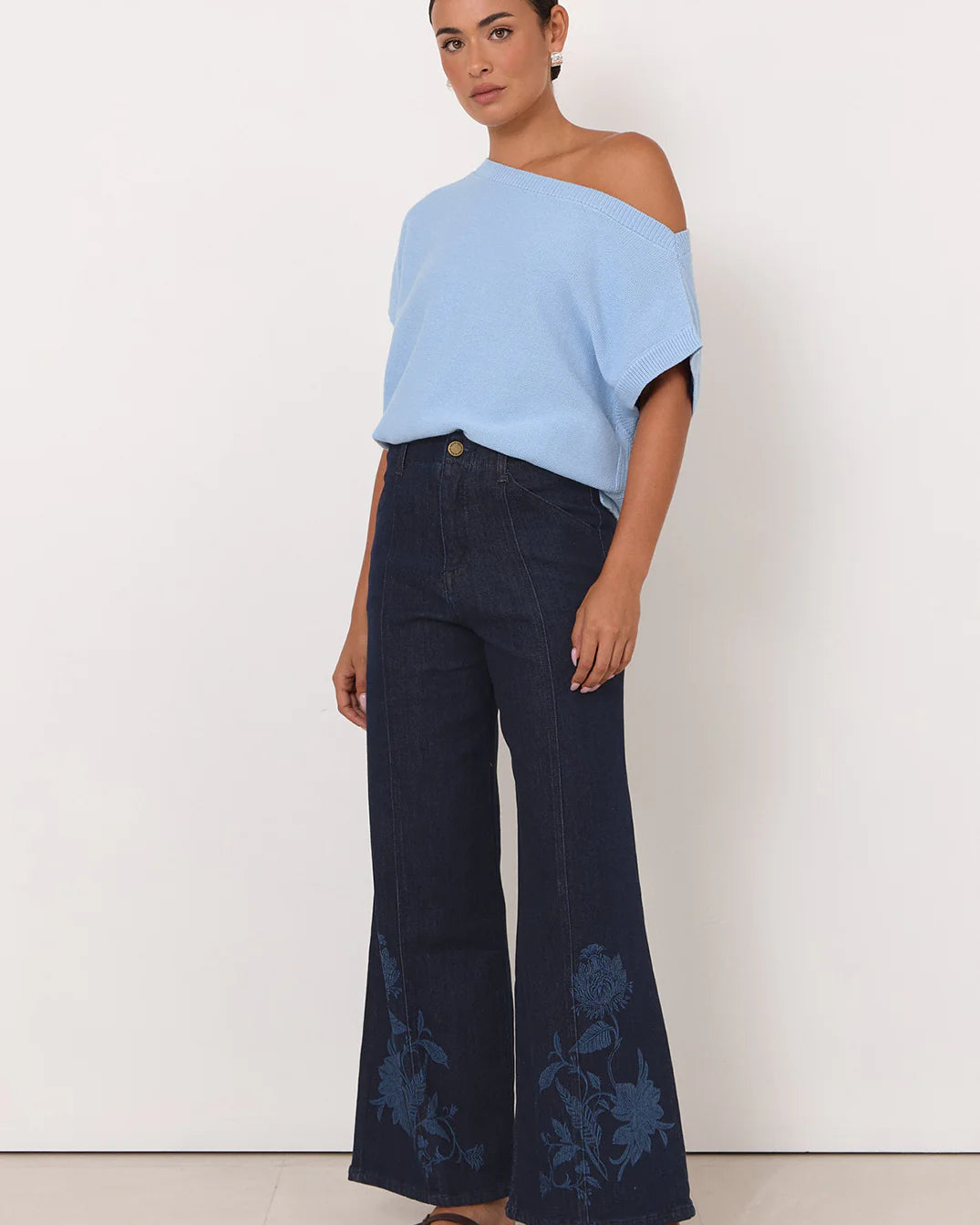 Brody Wide Leg Lazer Print Jean Dark Denim Bottoms Adorne