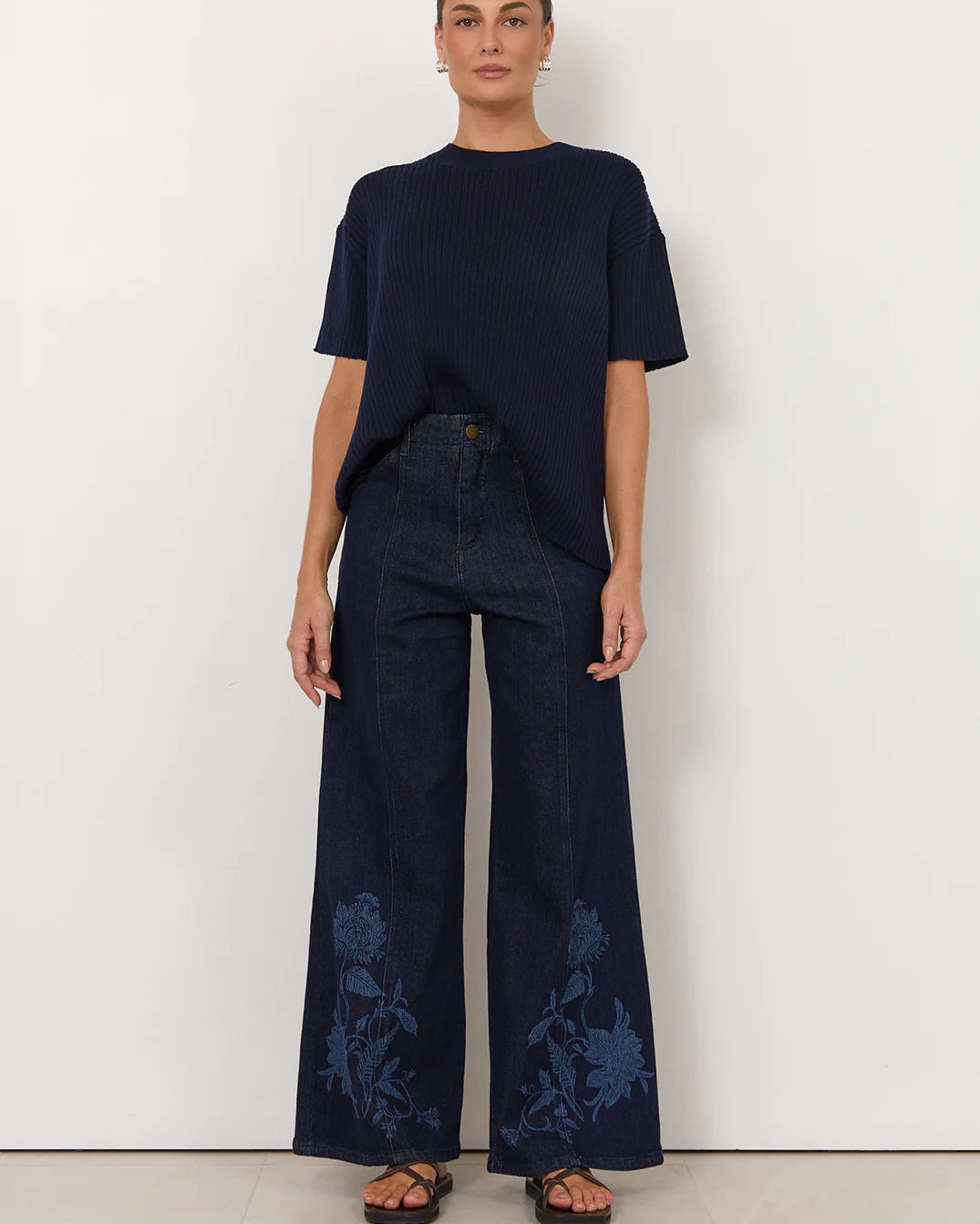 Brody Wide Leg Lazer Print Jean Dark Denim Bottoms Adorne