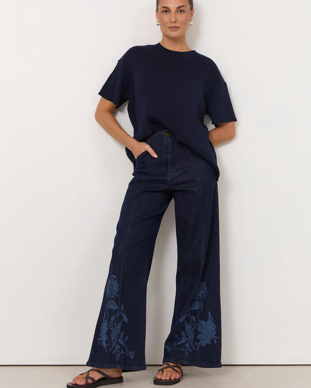 Brody Wide Leg Lazer Print Jean Dark Denim Bottoms Adorne