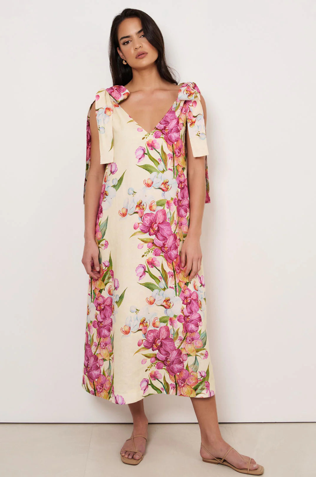 Hallie Tie Shoulder Linen Dress Print Dresses Adorne