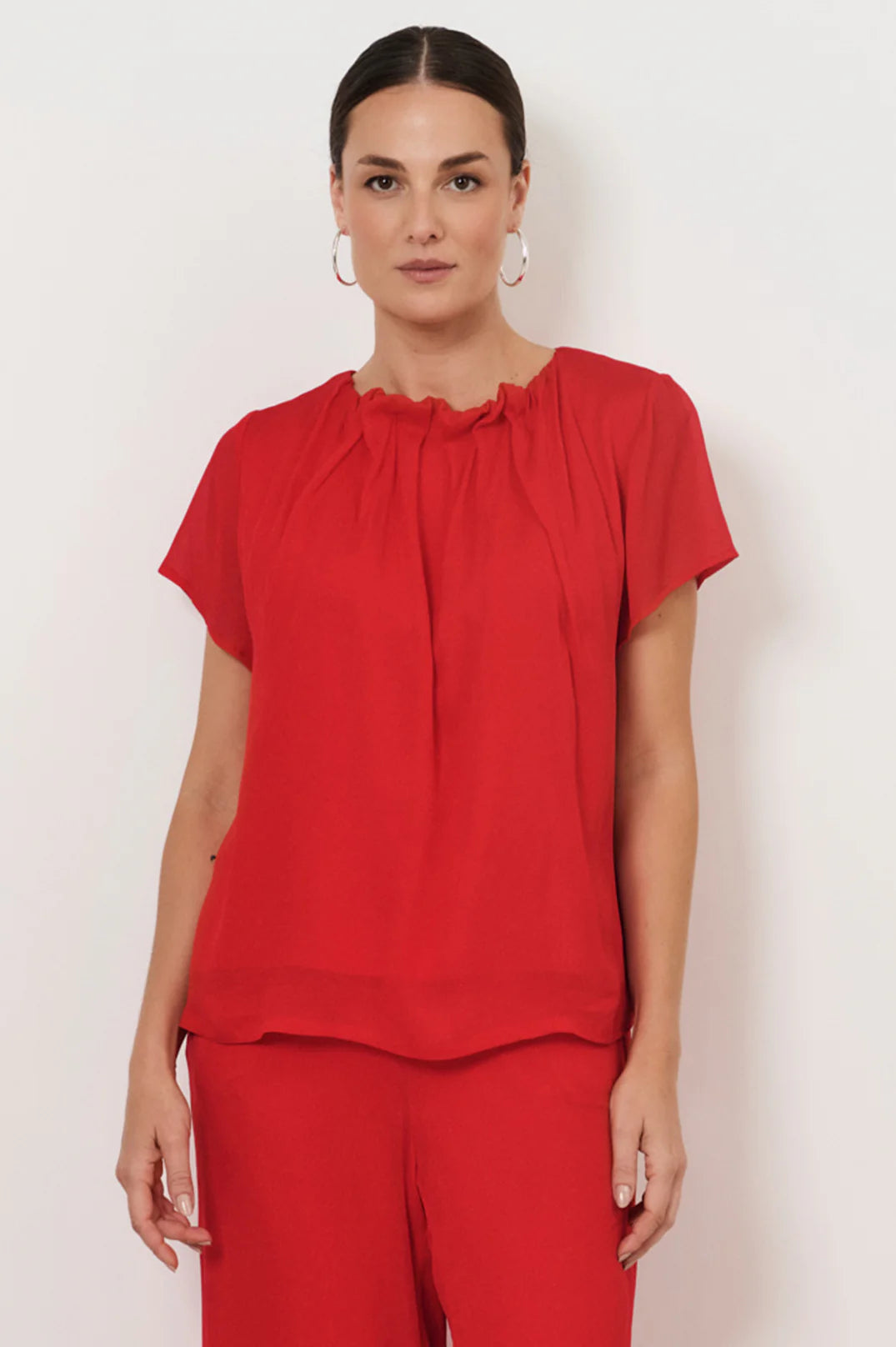 Candice Pleated Neckline Top Red Tops Adorne