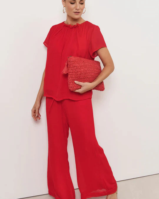 Candice Pleated Neckline Top Red Tops Adorne