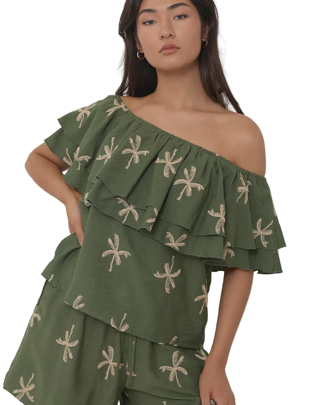 Kalani Embroidered Palm Top Green Tops Adorne S(8)
