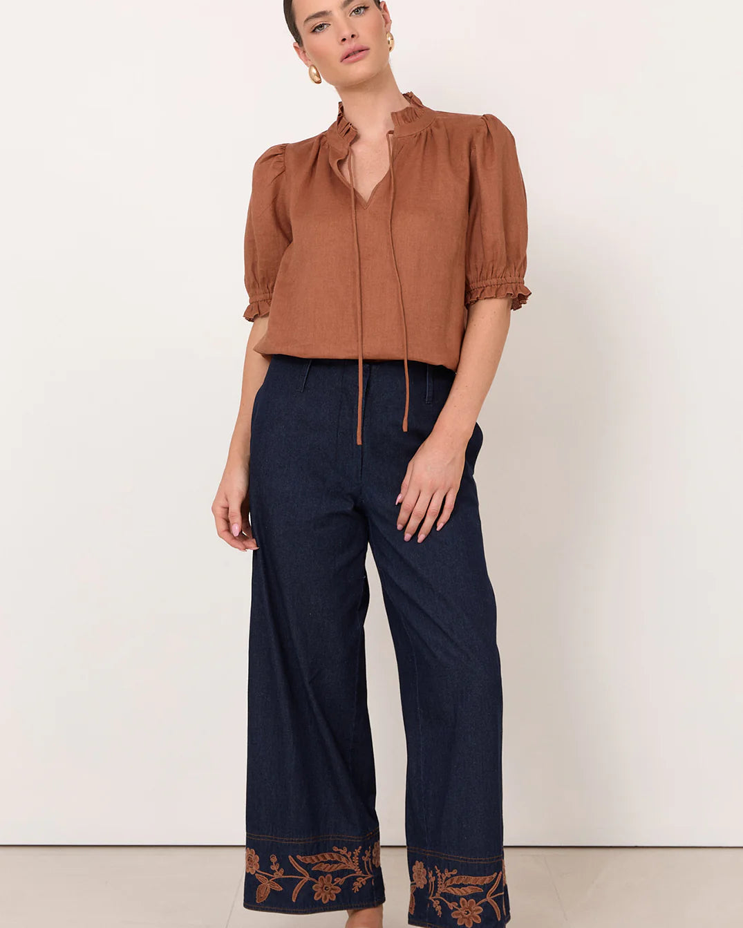 Sandra Short Sleeve Linen Top Tan Tops Adorne