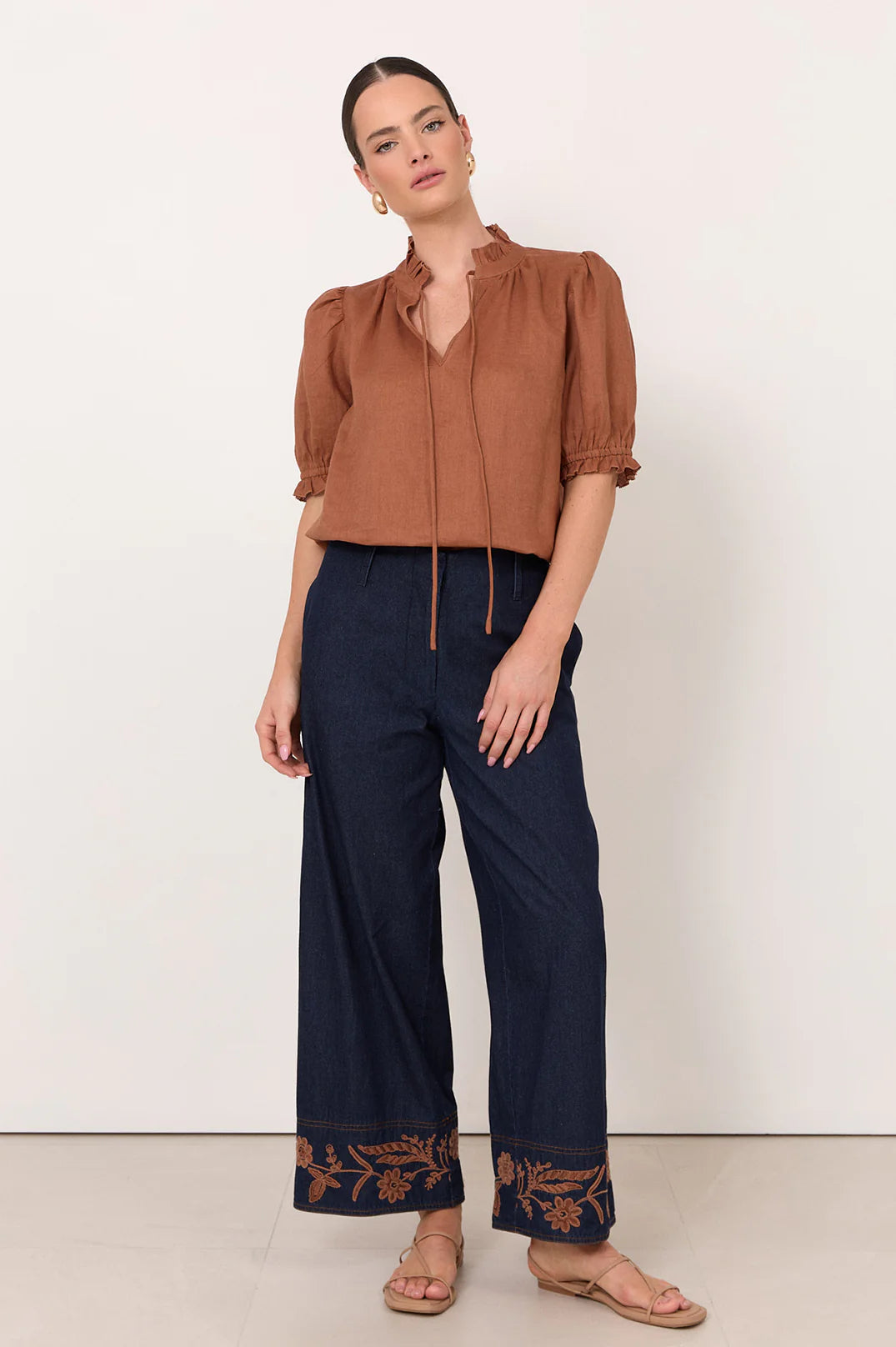 Sandra Short Sleeve Linen Top Tan Tops Adorne