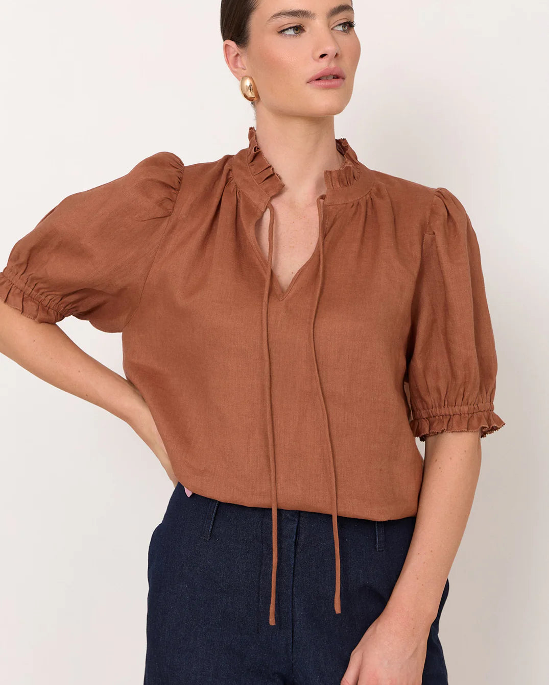 Sandra Short Sleeve Linen Top Tan Tops Adorne