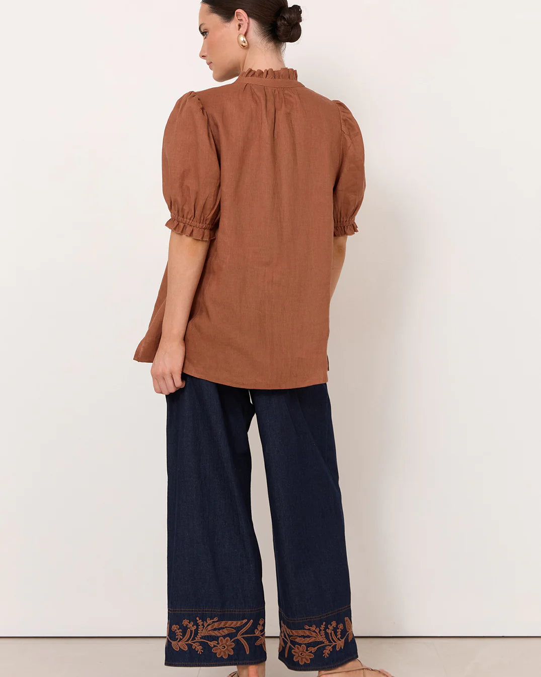 Sandra Short Sleeve Linen Top Tan Tops Adorne