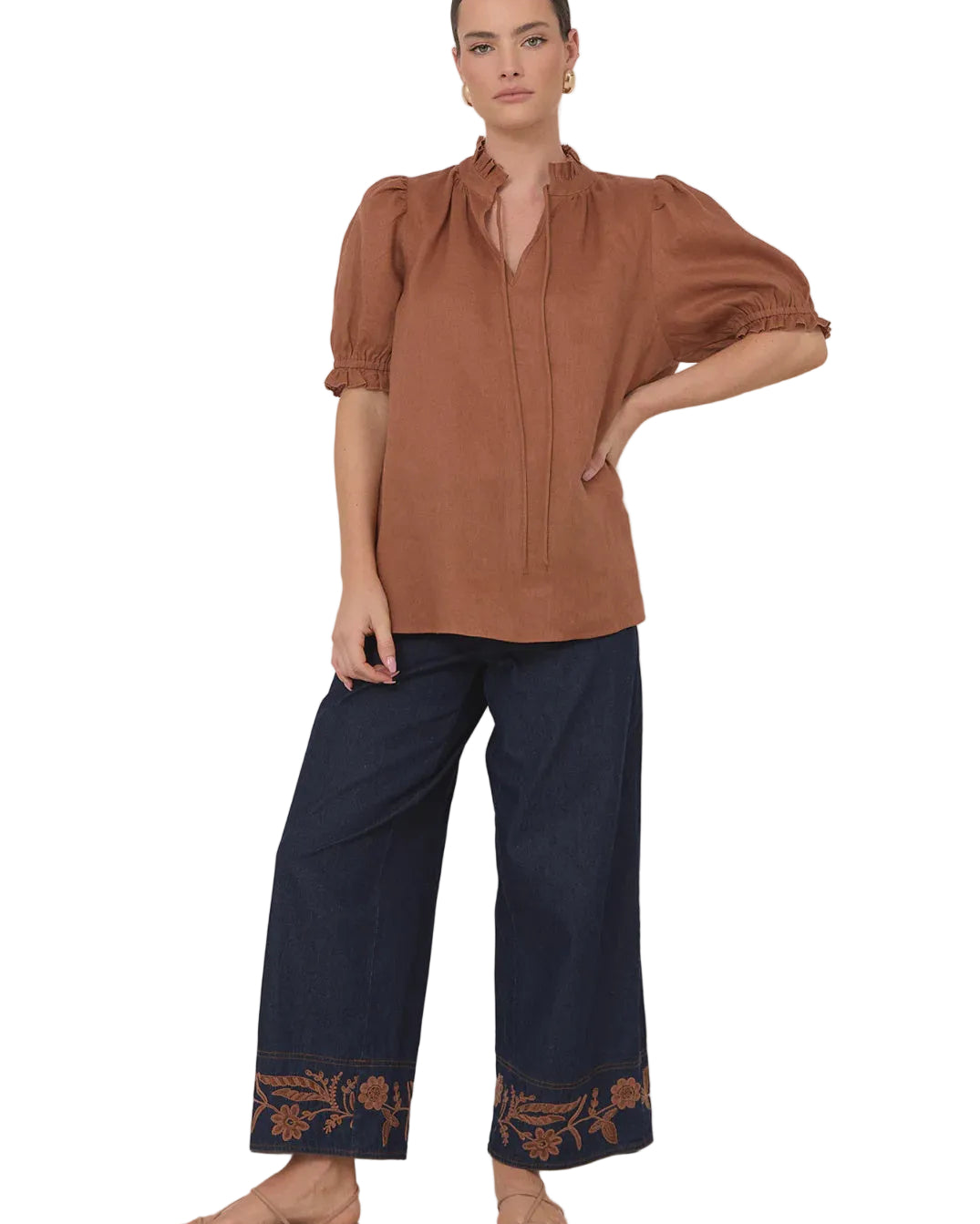 Sandra Short Sleeve Linen Top Tan Tops Adorne S(8)