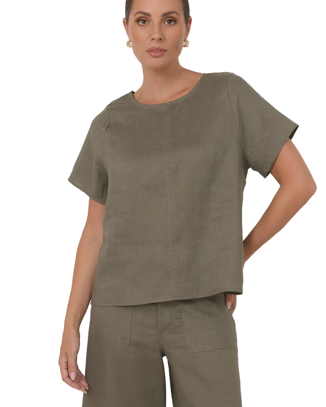 Dillon Linen Top Khaki Tops Adorne S(8)