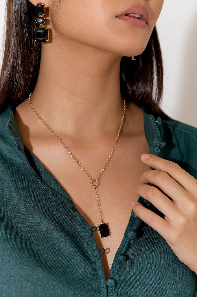 Stone Drop Y Necklace Black/Gold - Global Free Style