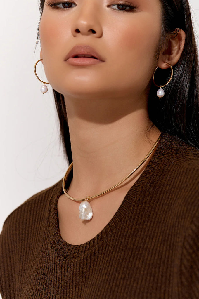 Freshwater Pearl Drop Collar Necklace Gold/Cream - Global Free Style