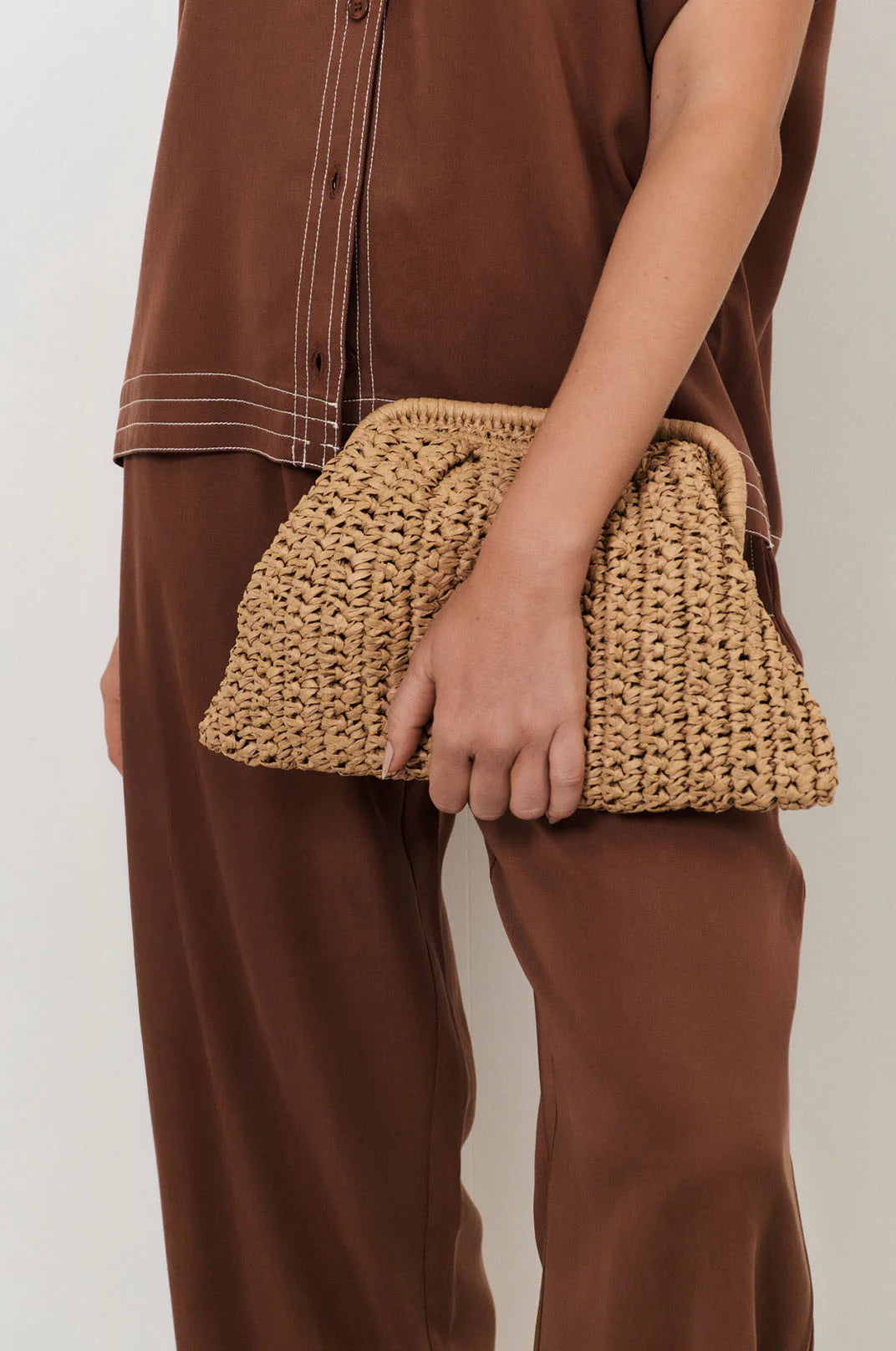 Paper Weave Gathered Clutch Camel - Global Free Style
