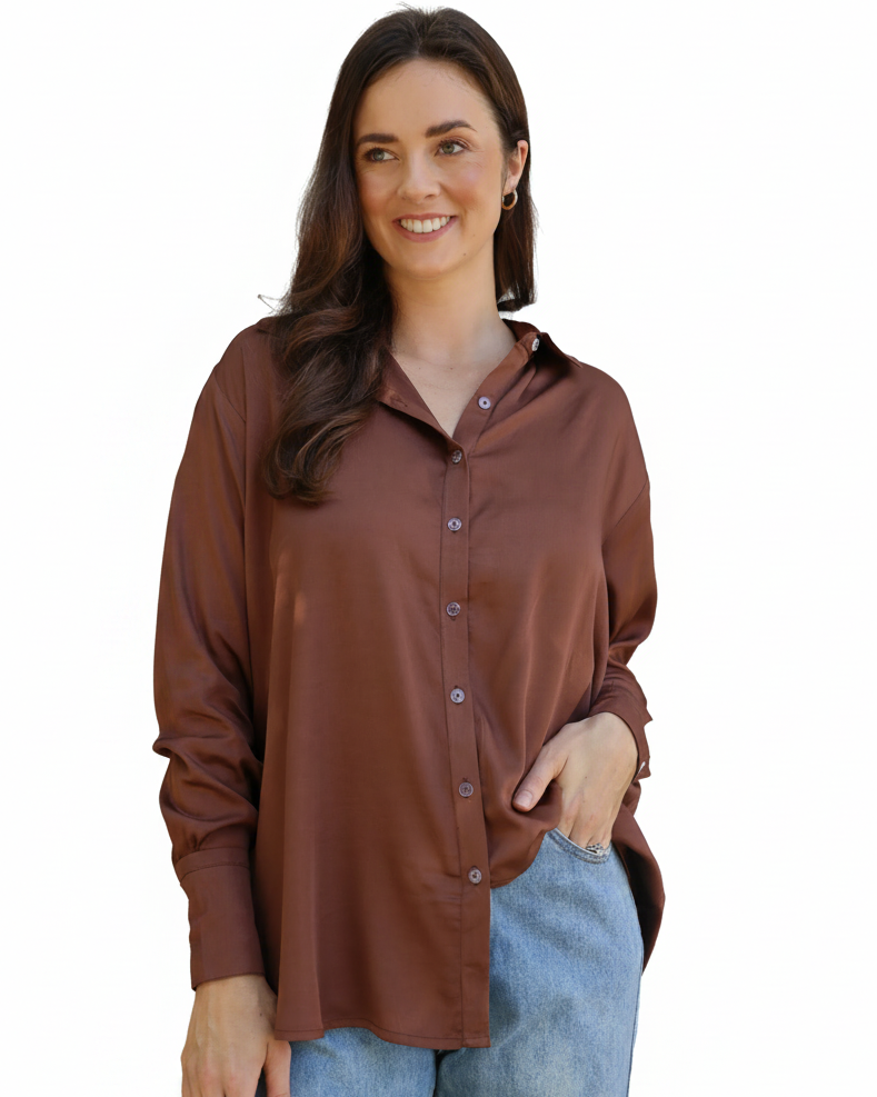Solid Satin Shirt Chocolate Tops Joops and Gypsy 8