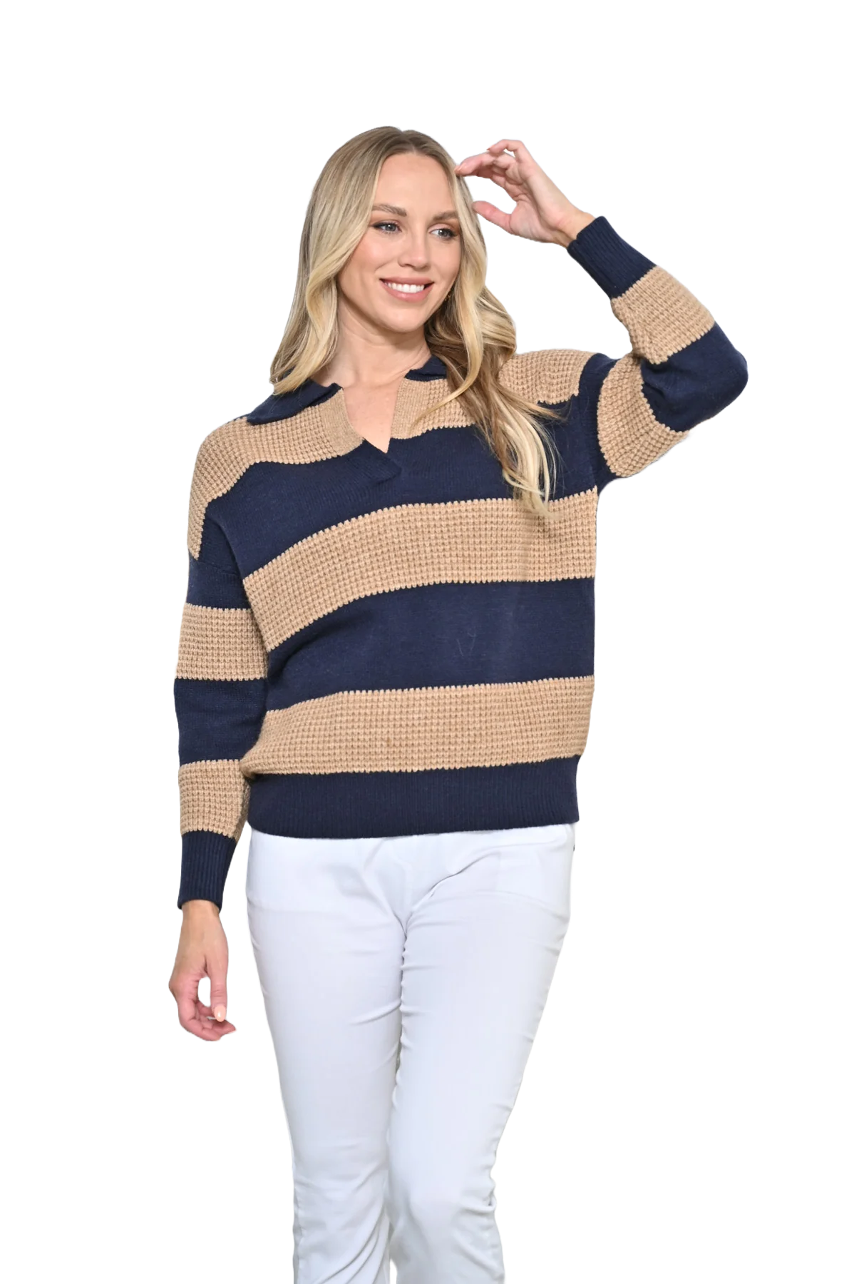 Collared Jumper Navy and Faun Stripes Jackets New u Collection