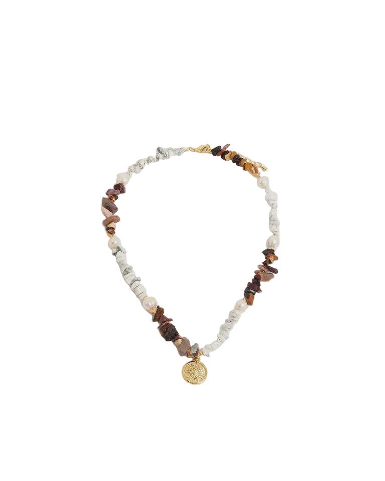 Sun Charm Stone Chip Pearl Necklace Choc/White Necklaces Adorne