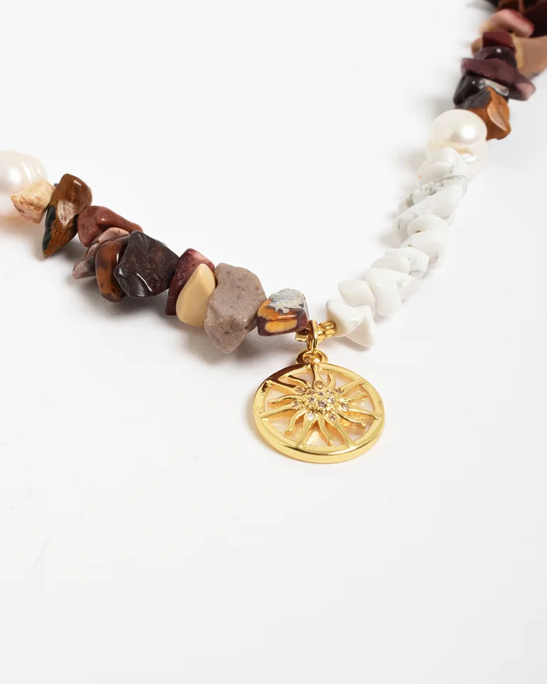 Sun Charm Stone Chip Pearl Necklace Choc/White Necklaces Adorne