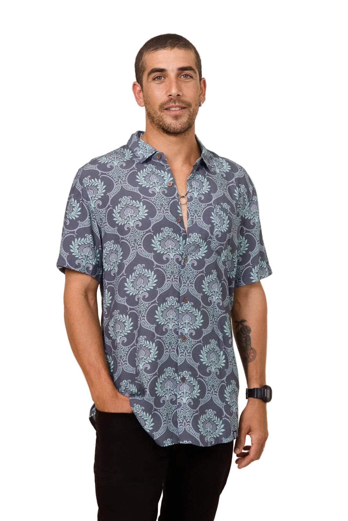 Damask Blue Vine Mens Shirt Mens Tops Skumi S