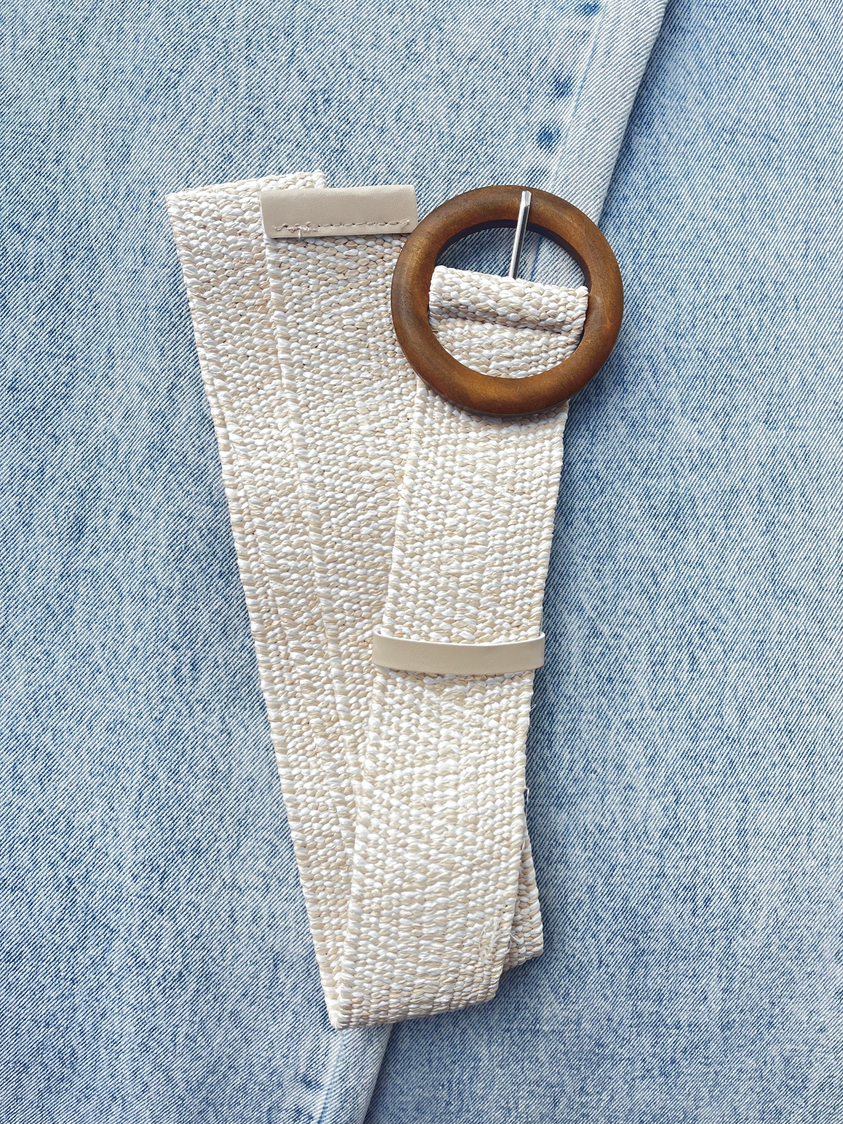 Evie Stretch Belt round wooden buckle cream stripes Belts Evie Clare