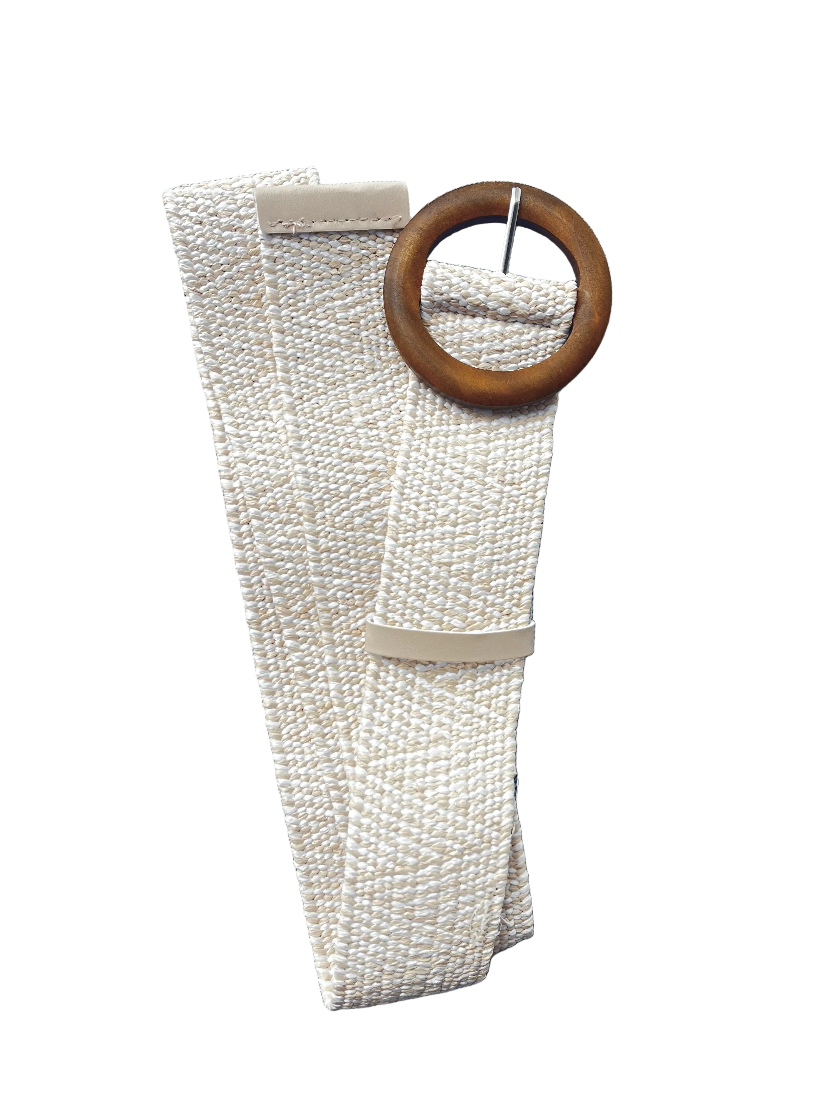 Evie Stretch Belt round wooden buckle cream stripes Belts Evie Clare