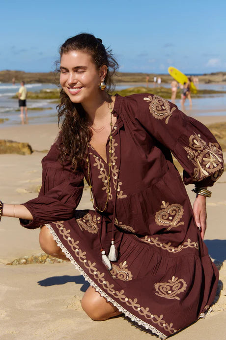 Molly Dress Bronte Embroidery Chocolate Dresses Naudic