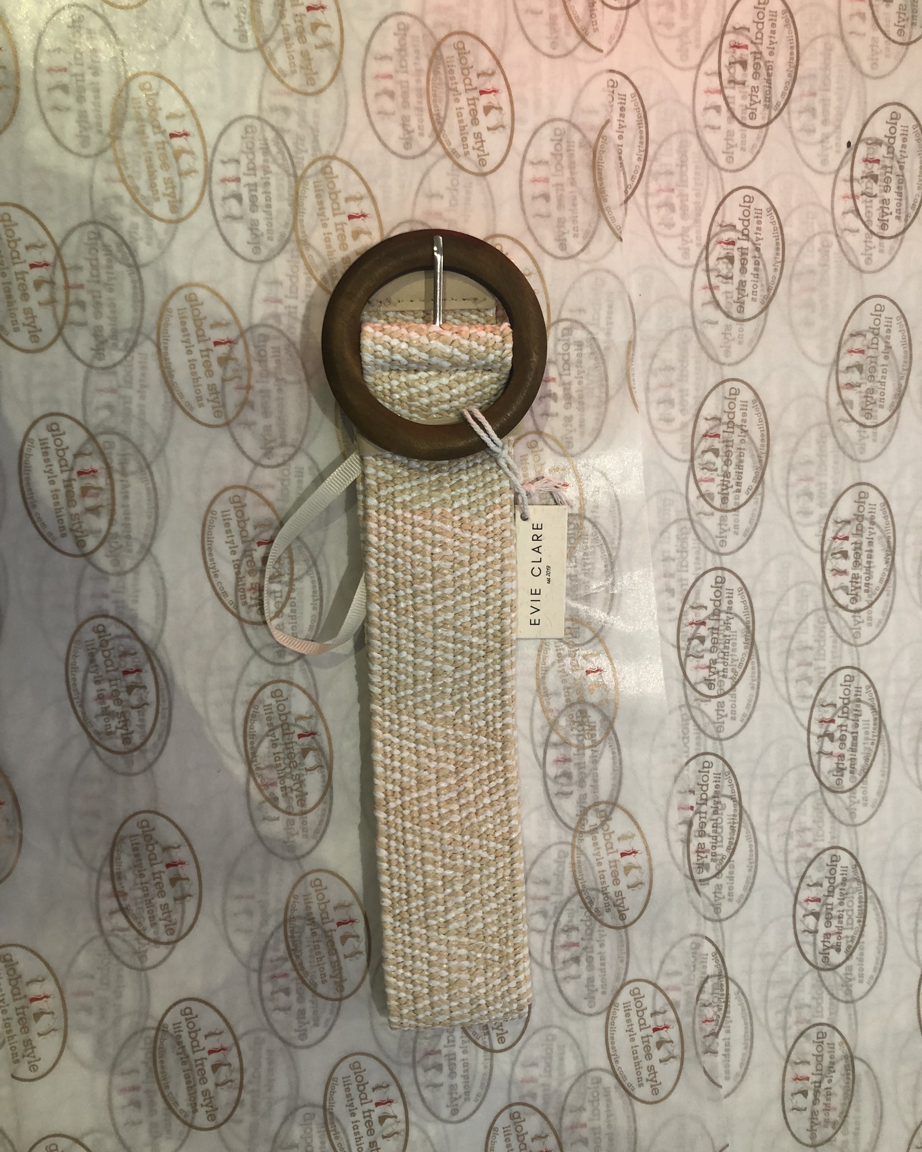Evie Stretch Belt round wooden buckle cream stripes - Global Free Style
