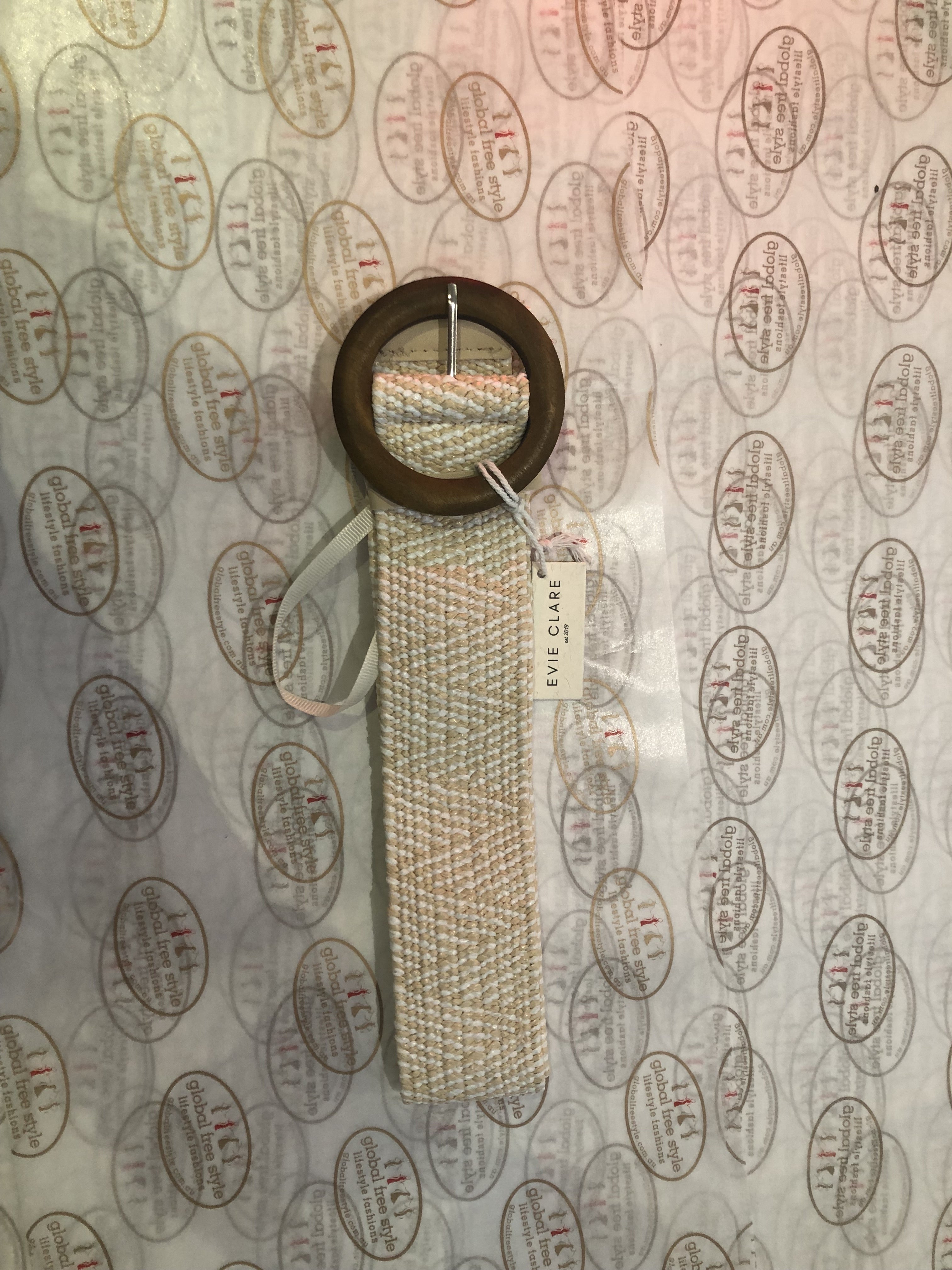 Evie Stretch Belt round wooden buckle cream stripes - Global Free Style