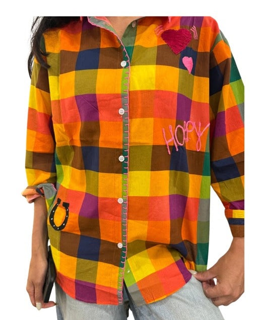 Happy Rainbow embroidery multicoloured check shirt Tops Zoda S/M