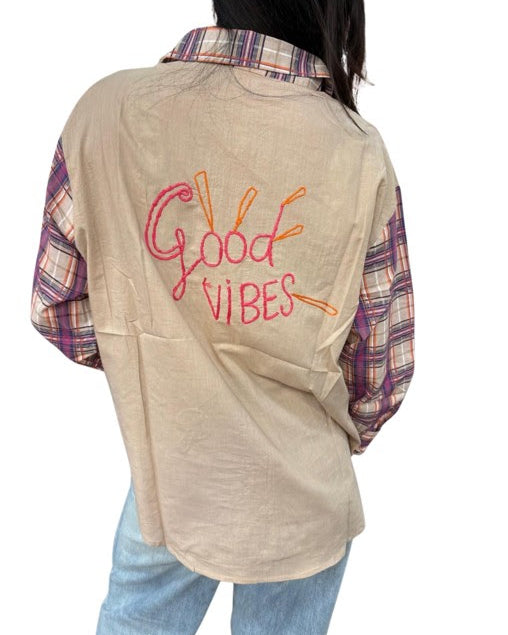 Zoda Embroidered Boyfriend Shirt Tops Zoda